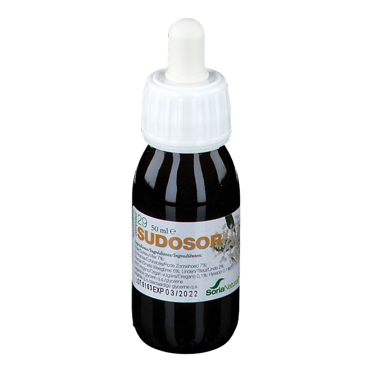 Flacon en verre brun avec bouchon blanc et pipette. Inscription: Sudosor, 50 ml. Étiquette avec ingrédients et date d'expiration.