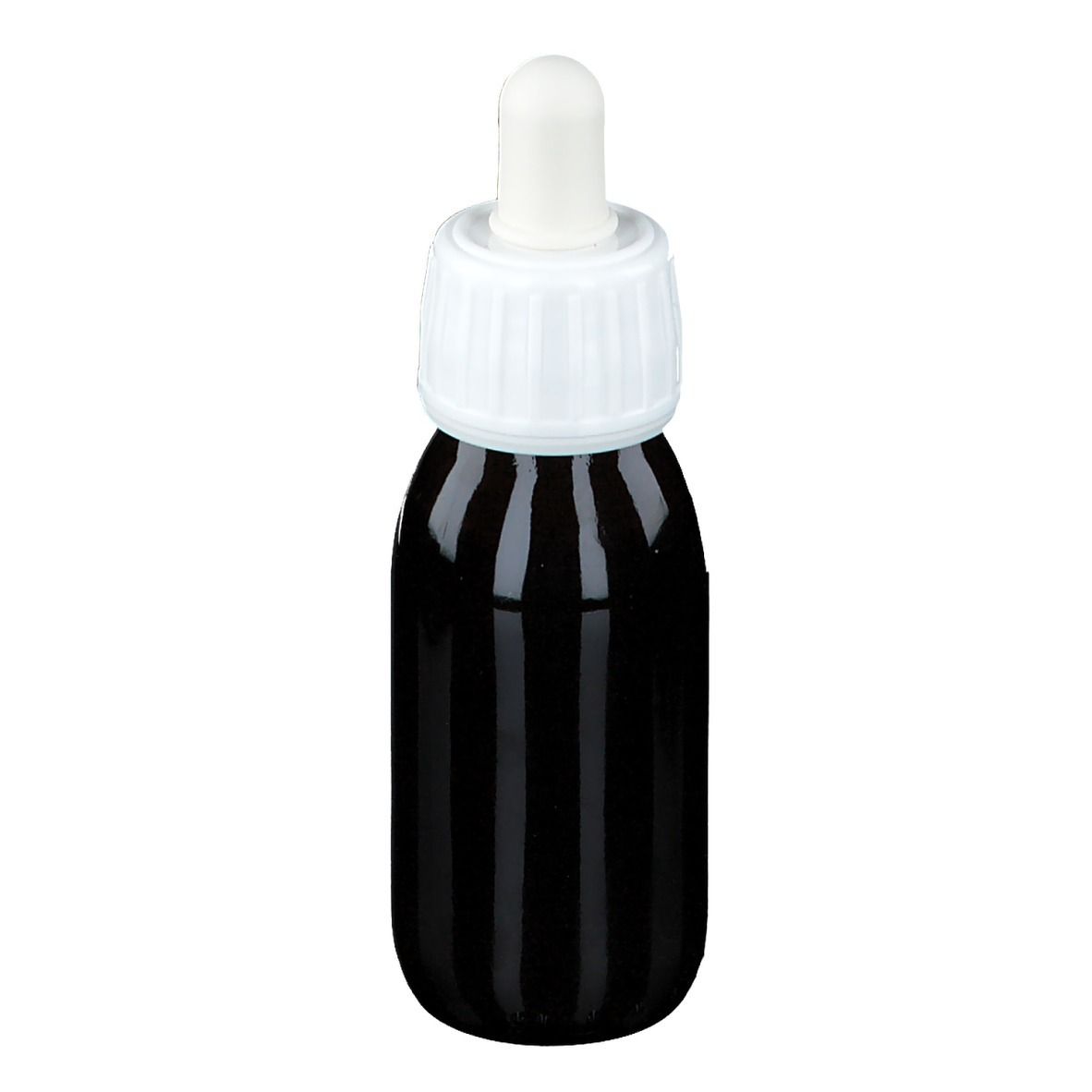 Flacon en verre brun avec bouchon blanc et pipette. Aucune autre inscription visible.