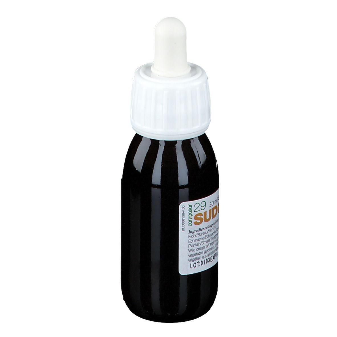 Flacon en verre brun avec bouchon blanc et pipette. Inscription: Sudosor. Étiquette avec ingrédients et date d'expiration.