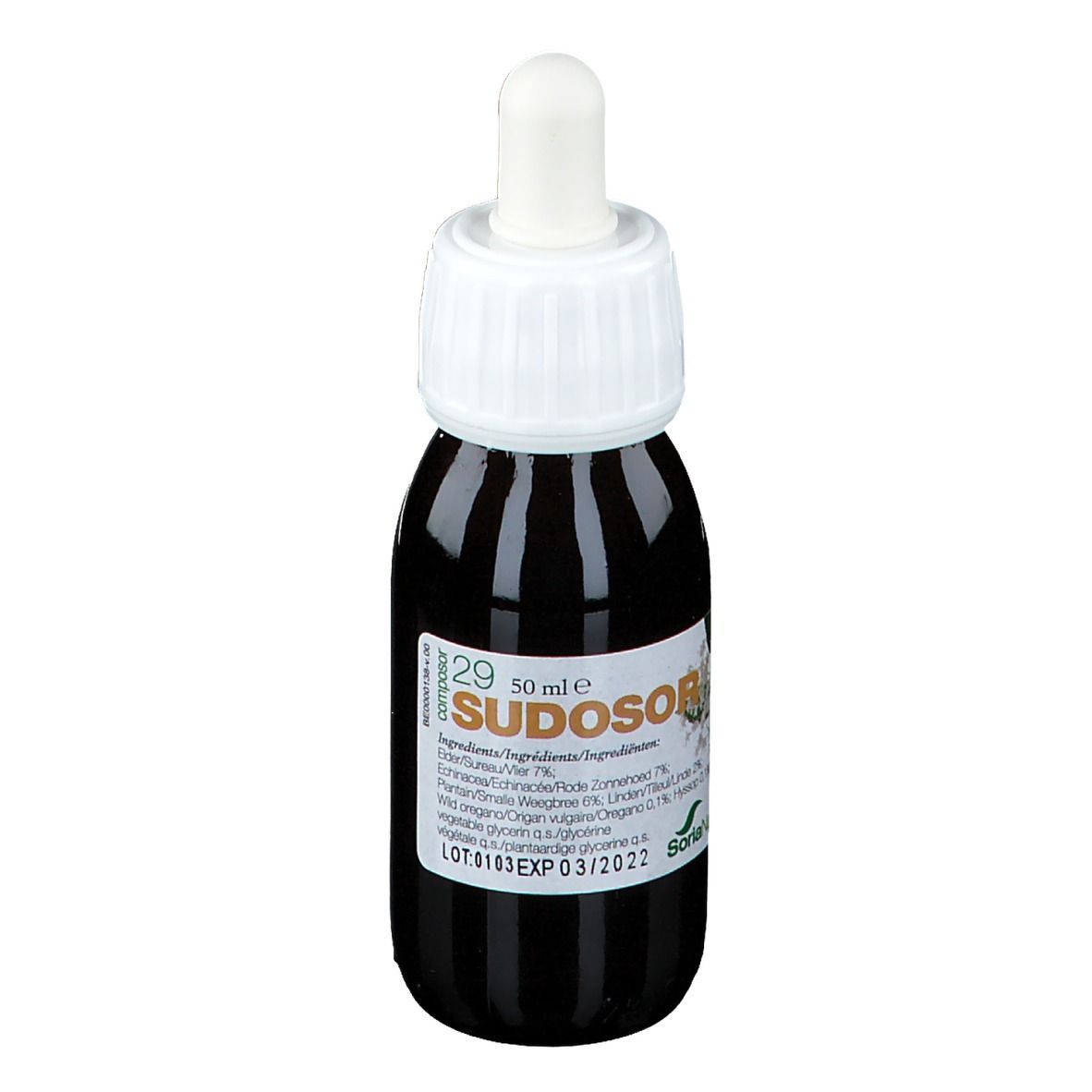 Flacon en verre brun avec bouchon blanc et pipette. Inscription: Sudosor, 50 ml. Étiquette avec ingrédients et date d'expiration.