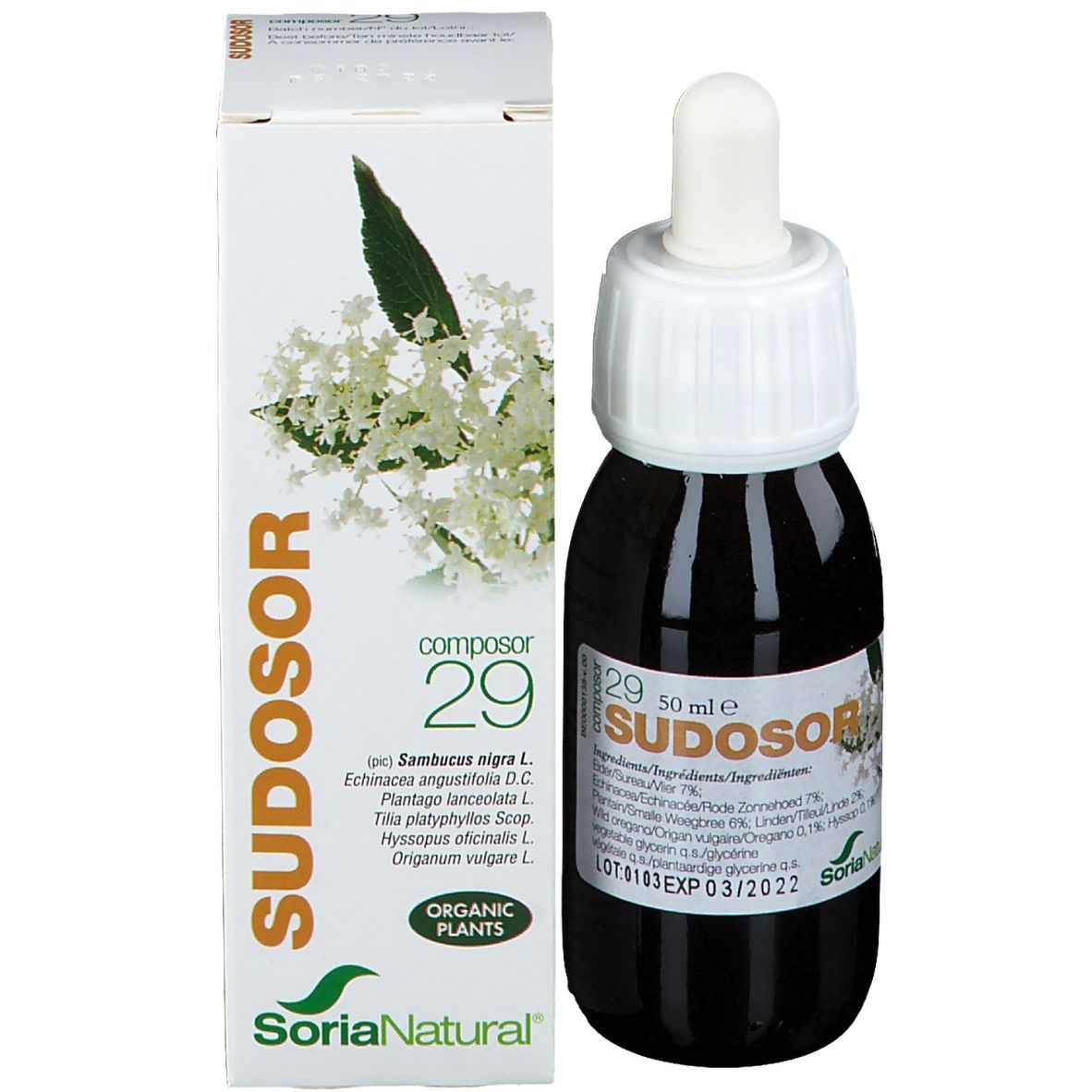 Flacon et emballage. Flacon: verre brun, bouchon blanc, pipette. Emballage: blanc, inscription Sudosor, logo Soria Natural.