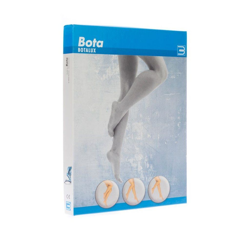 Emballage Botalux. Boîte bleue avec image de jambes. Trois pastilles de couleur.