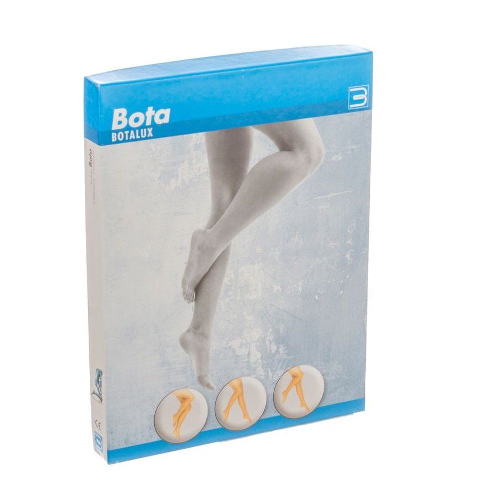 Emballage Botalux. Boîte bleue avec image de jambes. Trois pastilles de couleur.