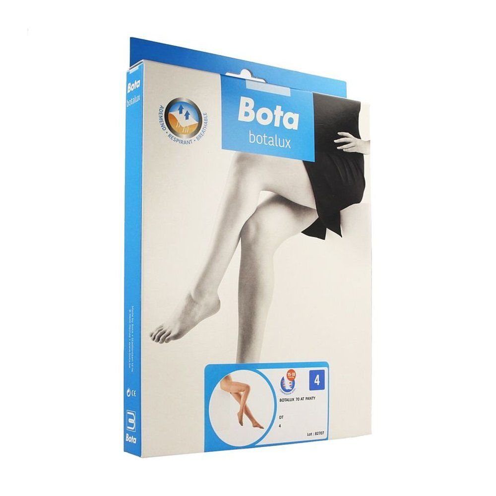 Emballage des bas de contention Bota Botalux. Boîte bleue et blanche avec jambes et nom du produit.