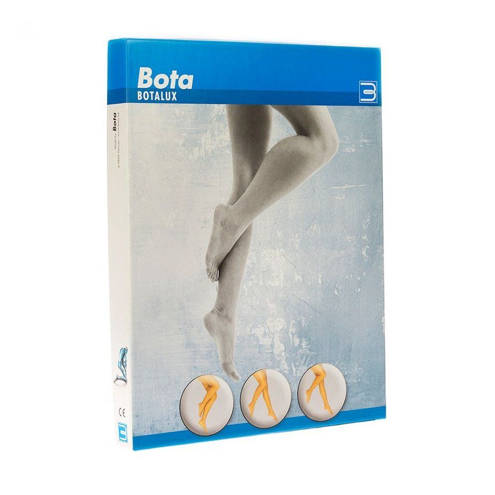 Emballage avec image du produit. Bota Botalux collant de maintien. Trois petites images du produit en bas. Fond bleu et blanc.