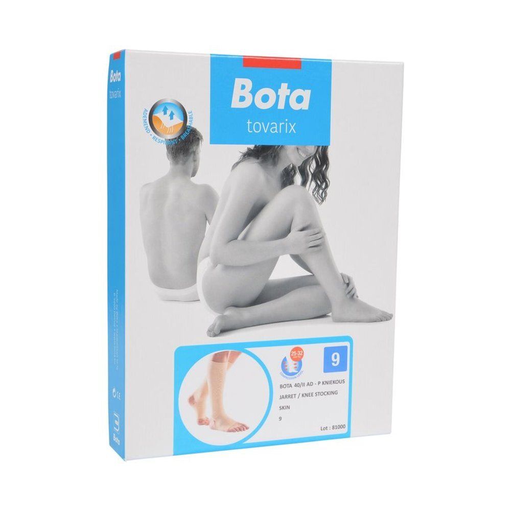 Boîte de bas genou Bota 40 AD. Illustration d'une femme et d'un homme. Nom du produit et indication de taille.