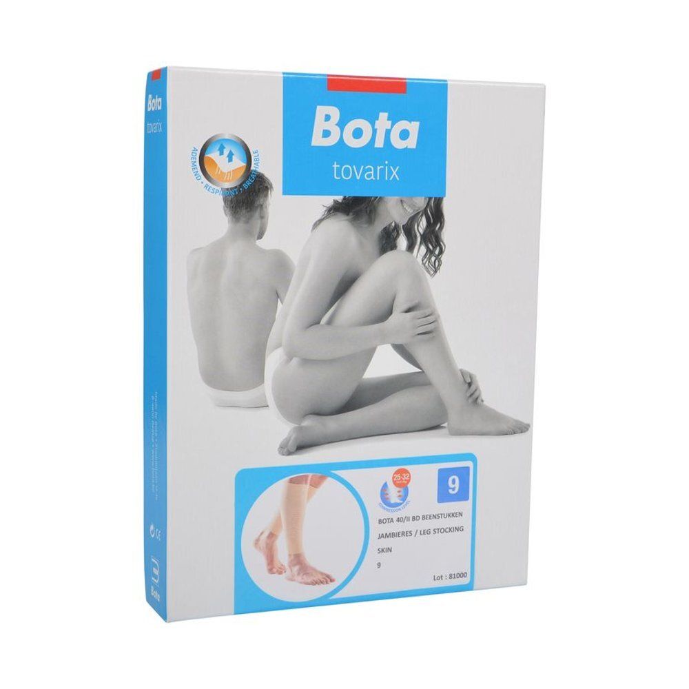 Emballage Bota tovarix. Taille 9, bas de jambe. Emballage bleu et blanc avec informations.