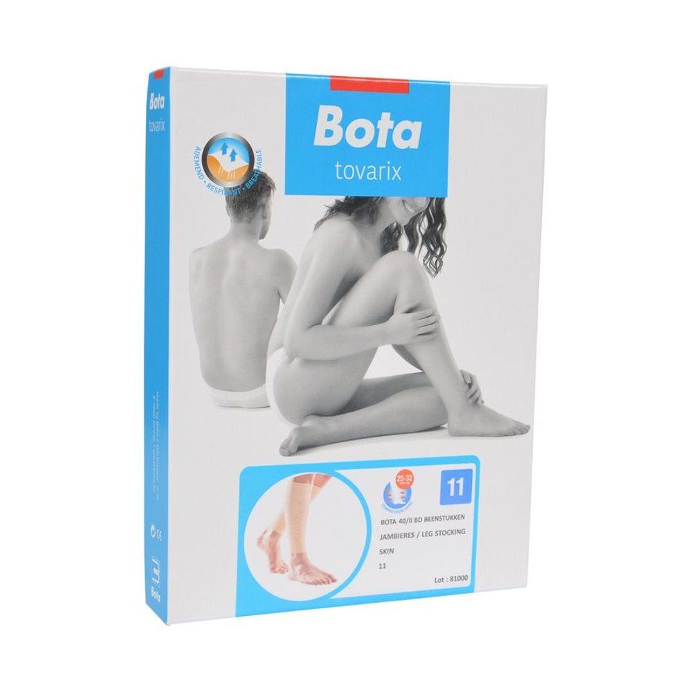 Emballage de bas de compression Bota tovarix, taille 11. Image d'une femme et illustration du produit.