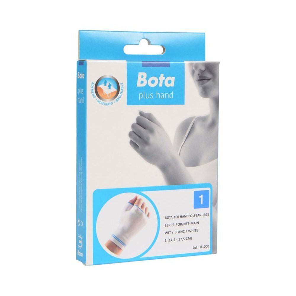 Emballage pour Bota plus hand. Montre une femme et une attelle de poignet. Texte: Bota plus hand, 1, attelle de poignet.