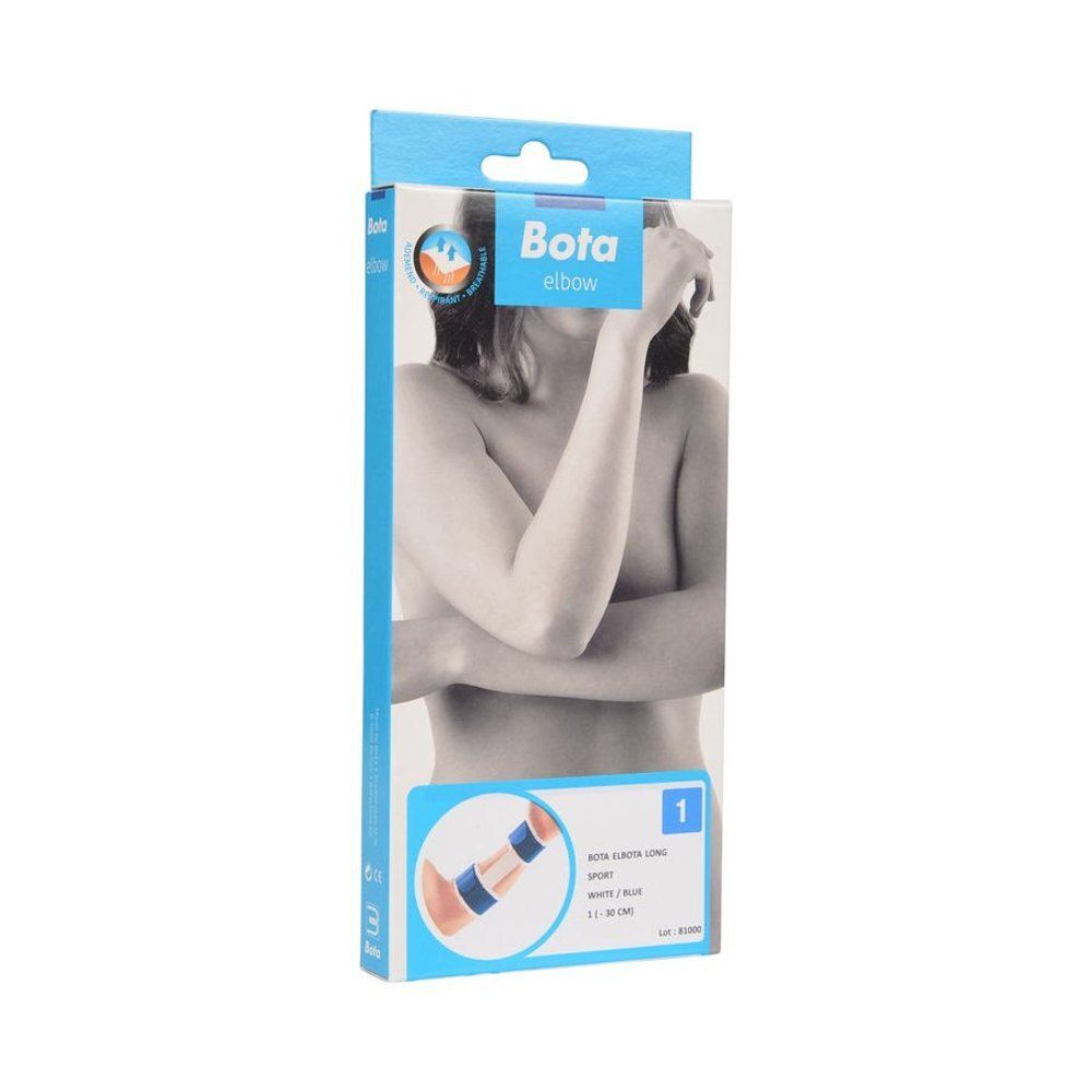 Emballage Bota Elbow Sport. Blanc/bleu. Illustration d'un bras bandé. Taille 1.