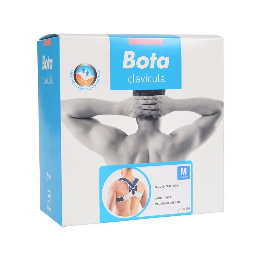 Boîte Bota clavicula. Boîte bleue et blanche avec image du produit et indication de taille Medium. Marque Bota.