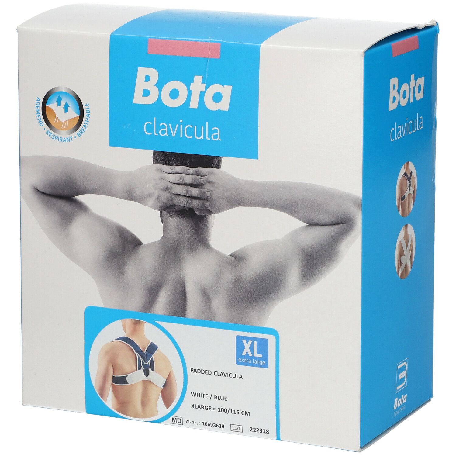 Boîte de l'attelle Bota Clavicula. XL, blanc/bleu. Illustration d'un homme portant l'attelle.