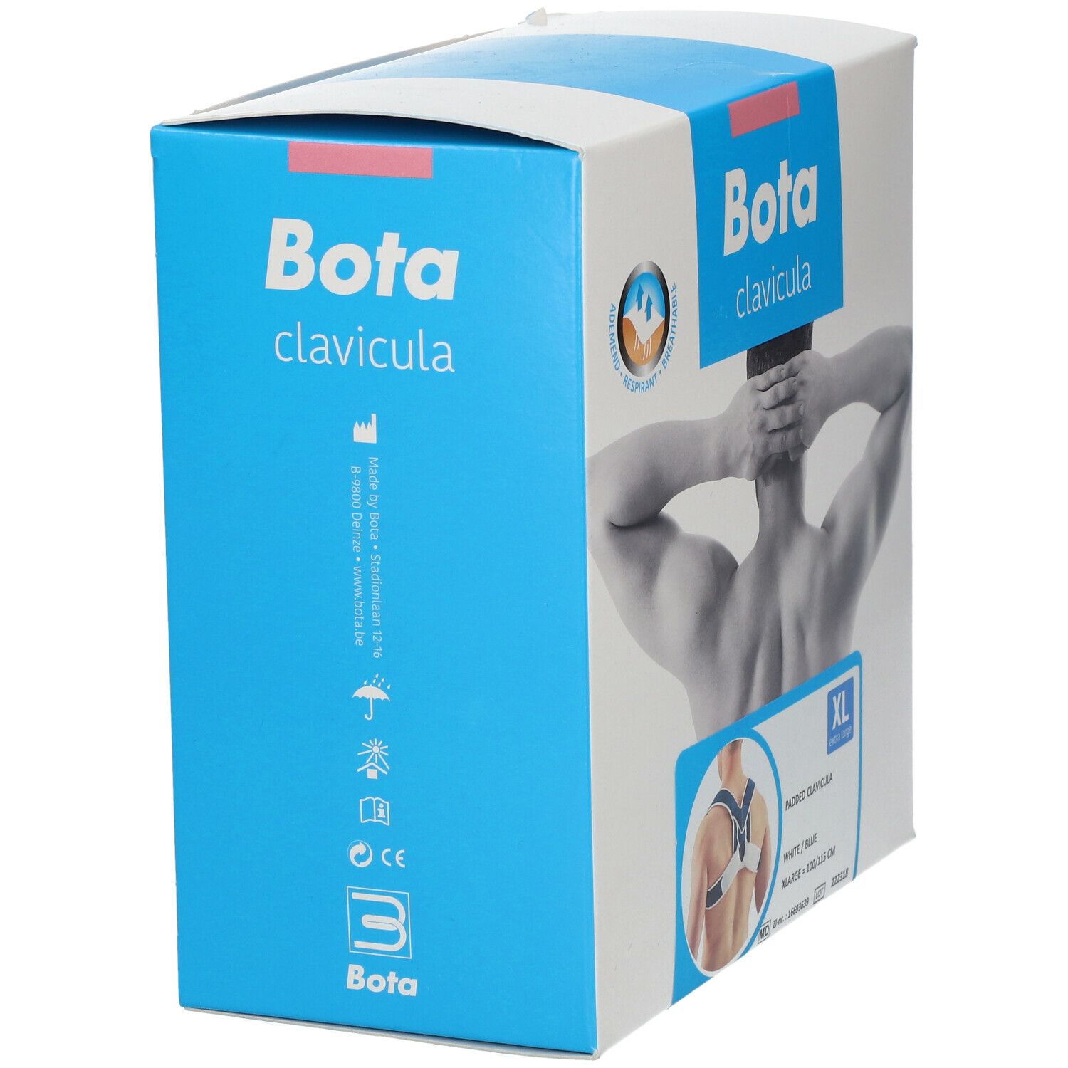Boîte de l'attelle Bota Clavicula. Taille XL. Image du produit et logo.
