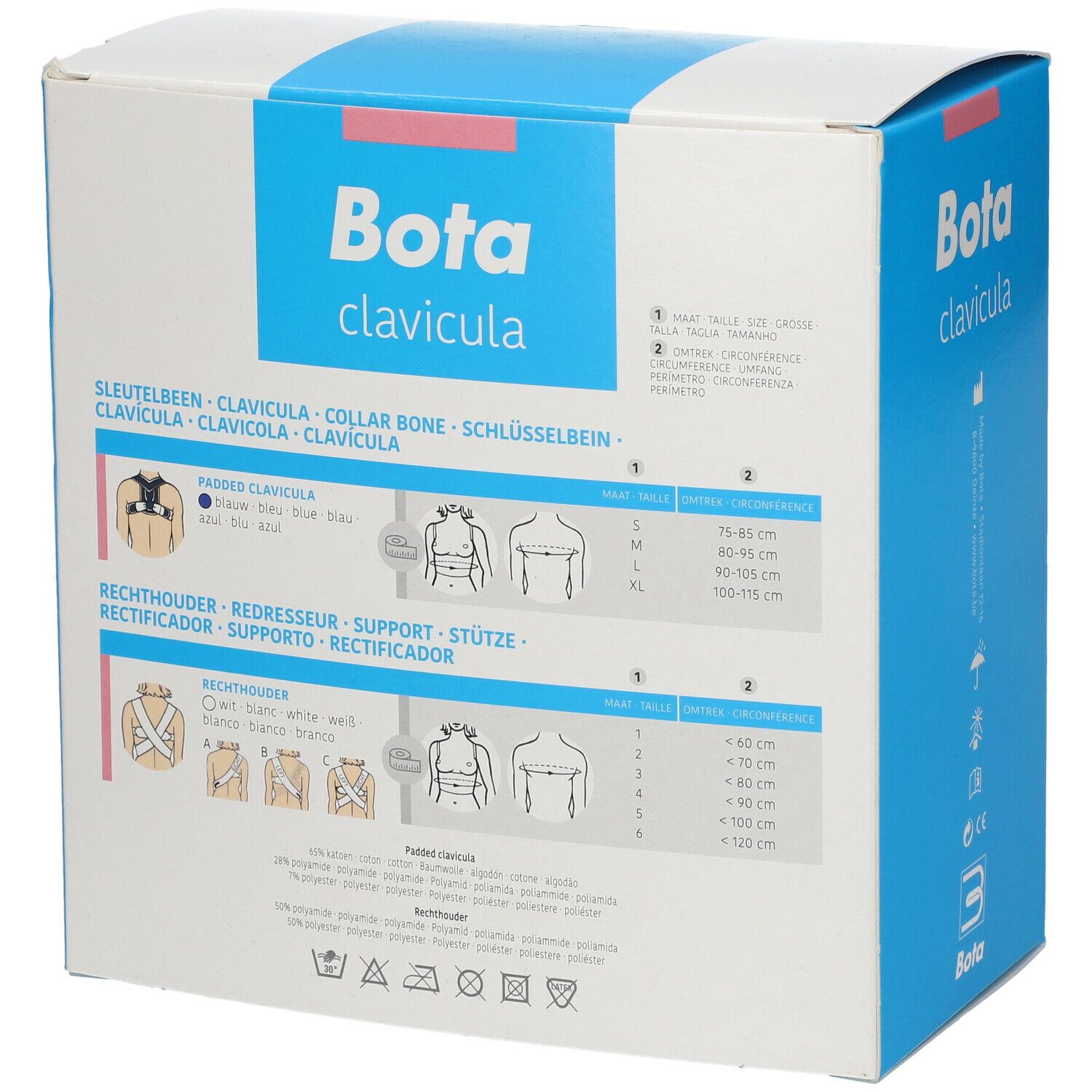Dos de la boîte de l'attelle Bota Clavicula. Informations de taille et illustrations.