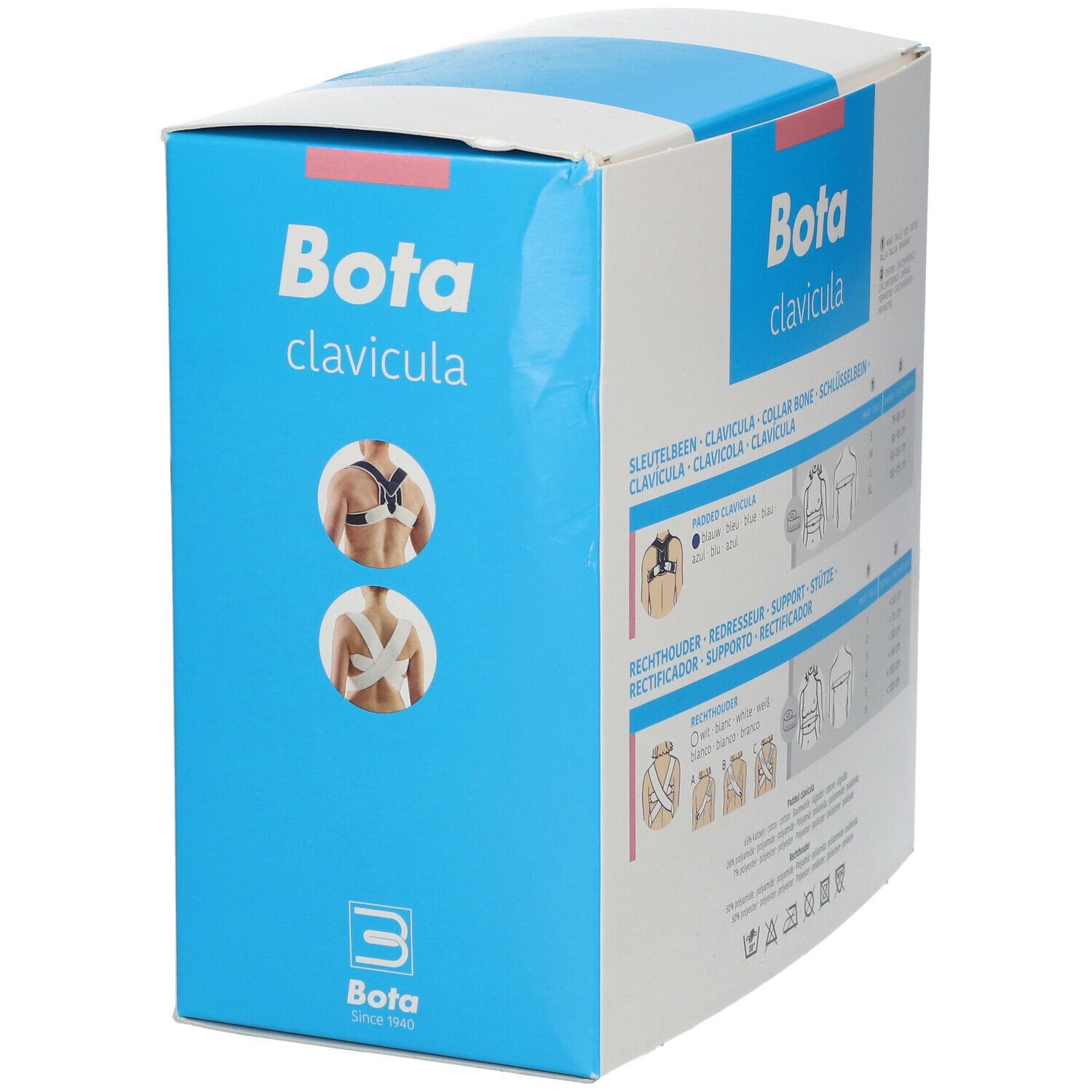 Boîte de l'attelle Bota Clavicula. Image du produit et informations de taille.