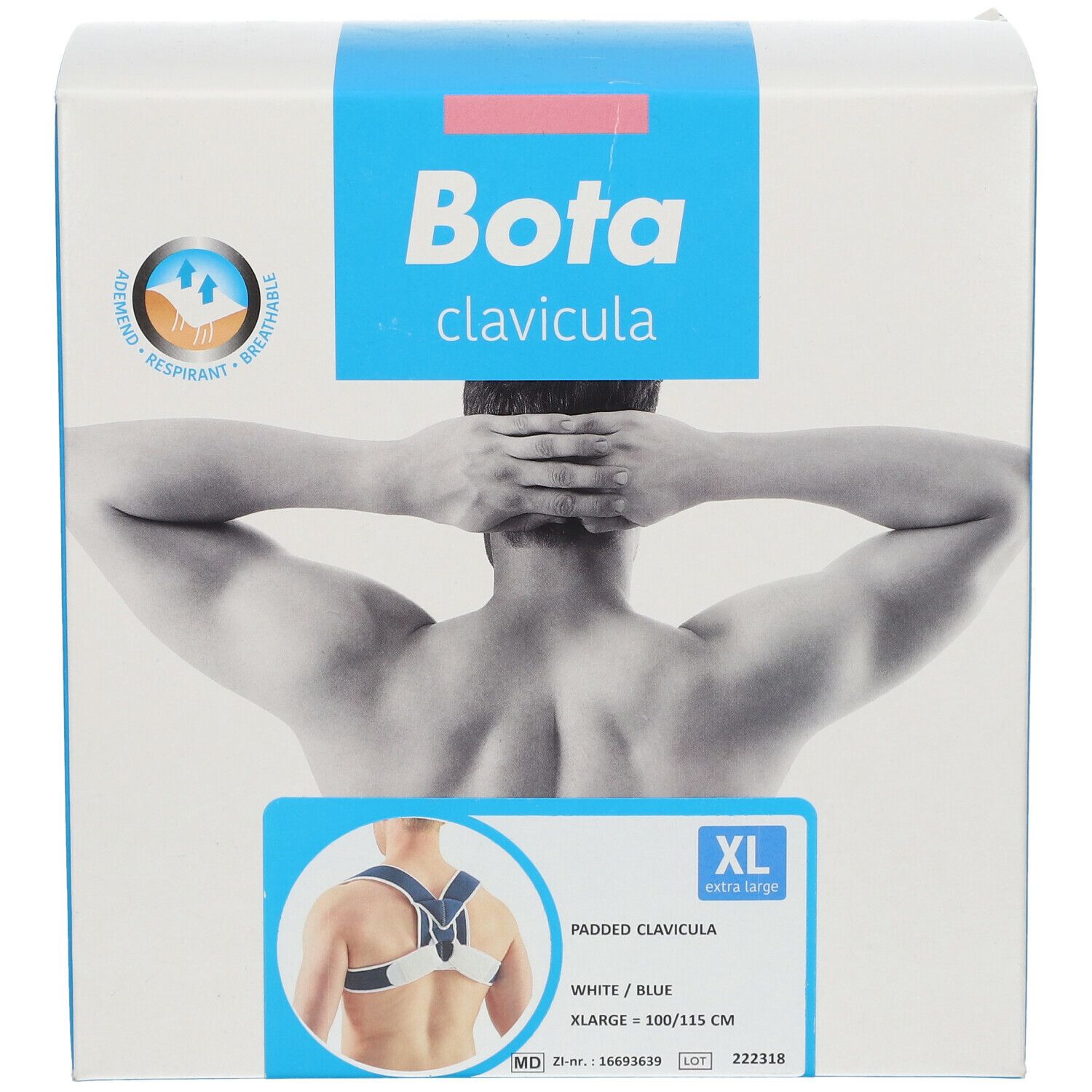 Boîte de l'attelle Bota Clavicula. XL, blanc/bleu. Illustration d'un homme portant l'attelle.