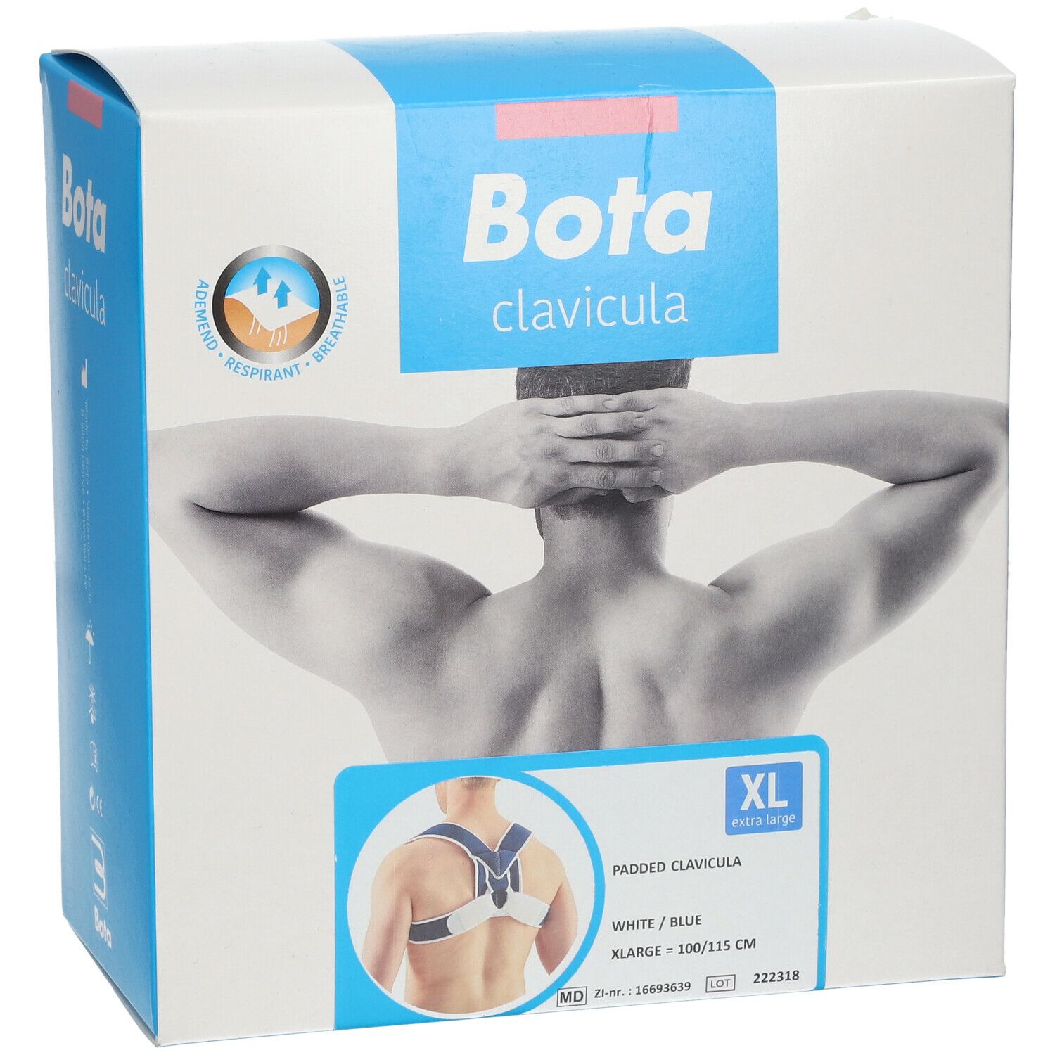 Boîte de l'attelle Bota Clavicula. XL, blanc/bleu. Illustration d'un homme portant l'attelle.
