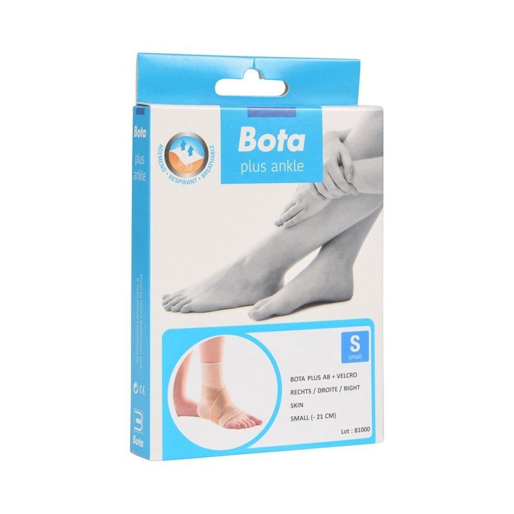 Bota Plus AB Ankle + Velcro, taille S, pour droit. Emballage avec image du produit et pied. Inscription: Skin.