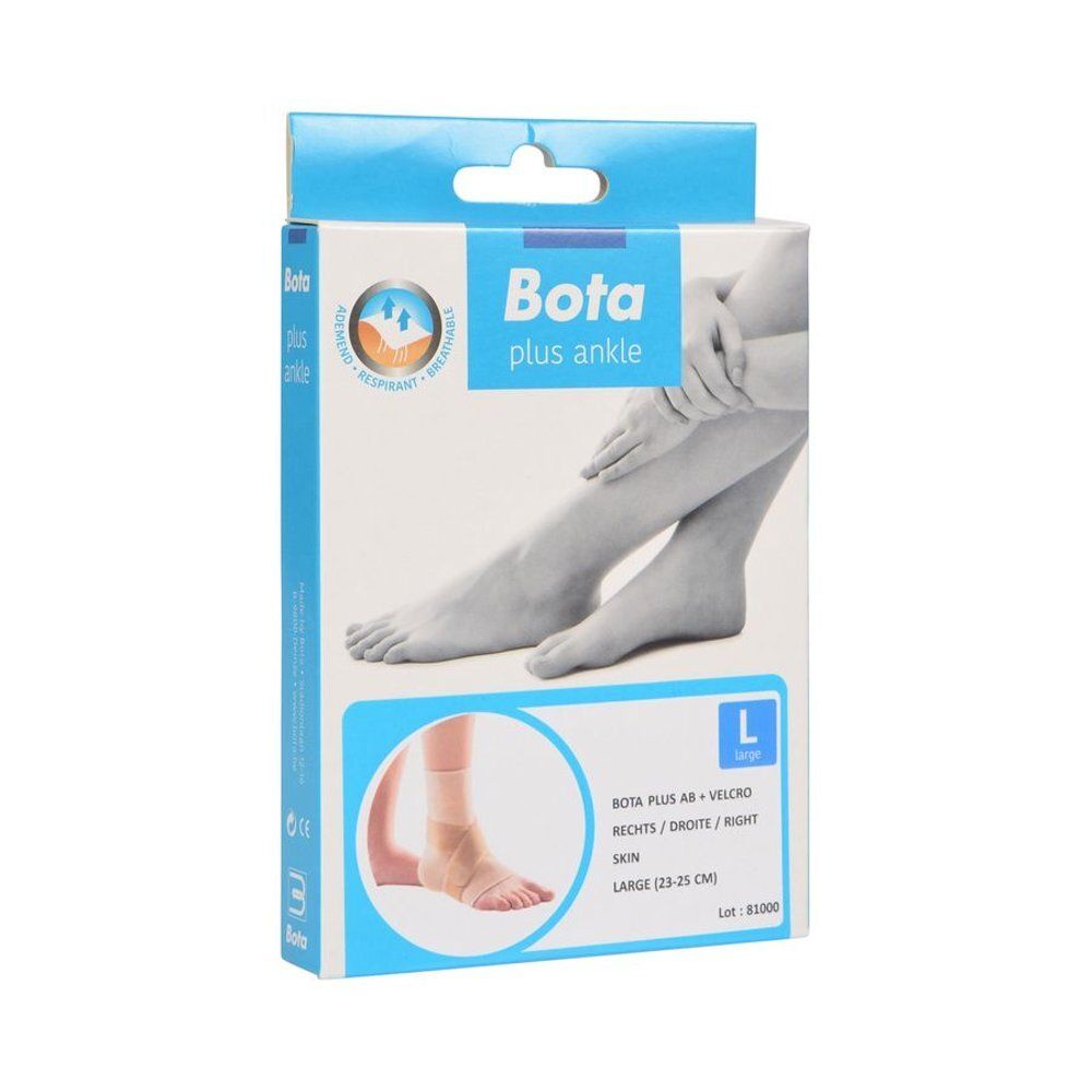 Boîte Bota plus ankle. Boîte bleue et blanche avec image du produit et indication de taille L (23-25 cm).