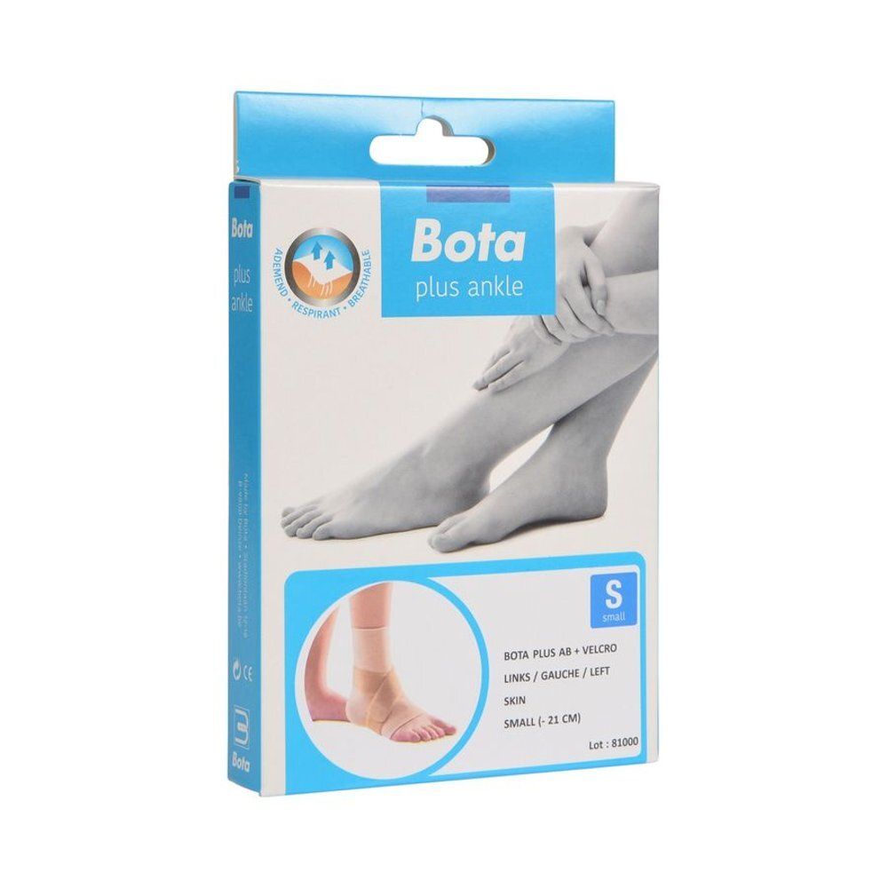 Emballage du produit. Bota Plus AB Ankle, taille S. Illustration d'un pied avec une chevillère.