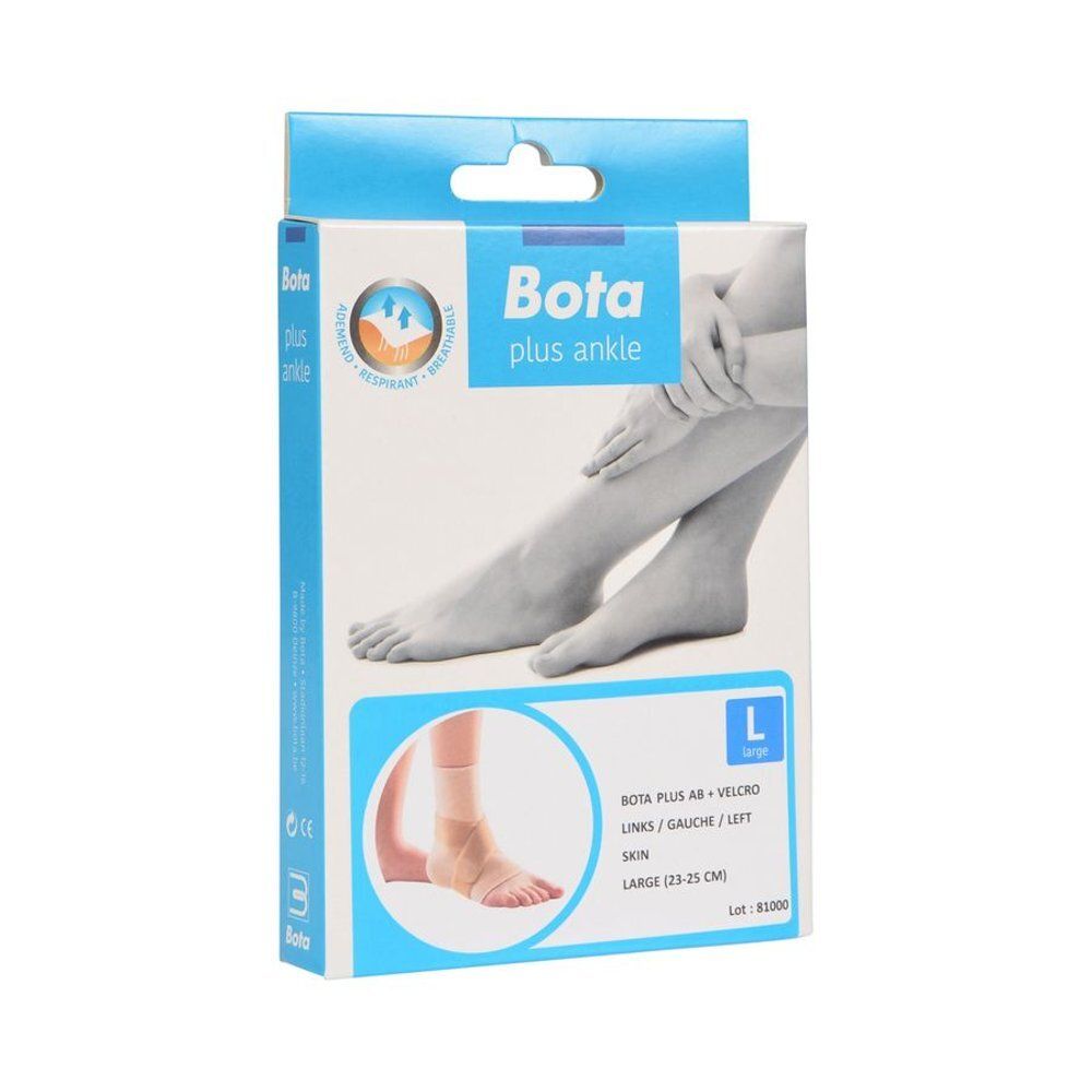 Emballage de Bota Plus AB Ankle + Velcro Left Skin L. Bandage de cheville et illustration d'un pied. Taille L.