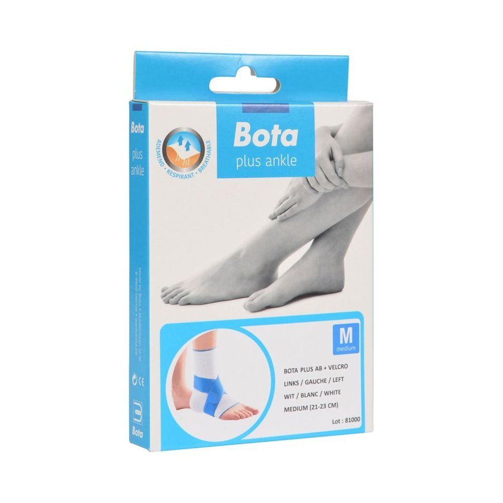 Boîte de Bota plus ankle. Attelle de cheville bleu et blanc, taille M. Illustration d'un pied avec attelle. Respirant.