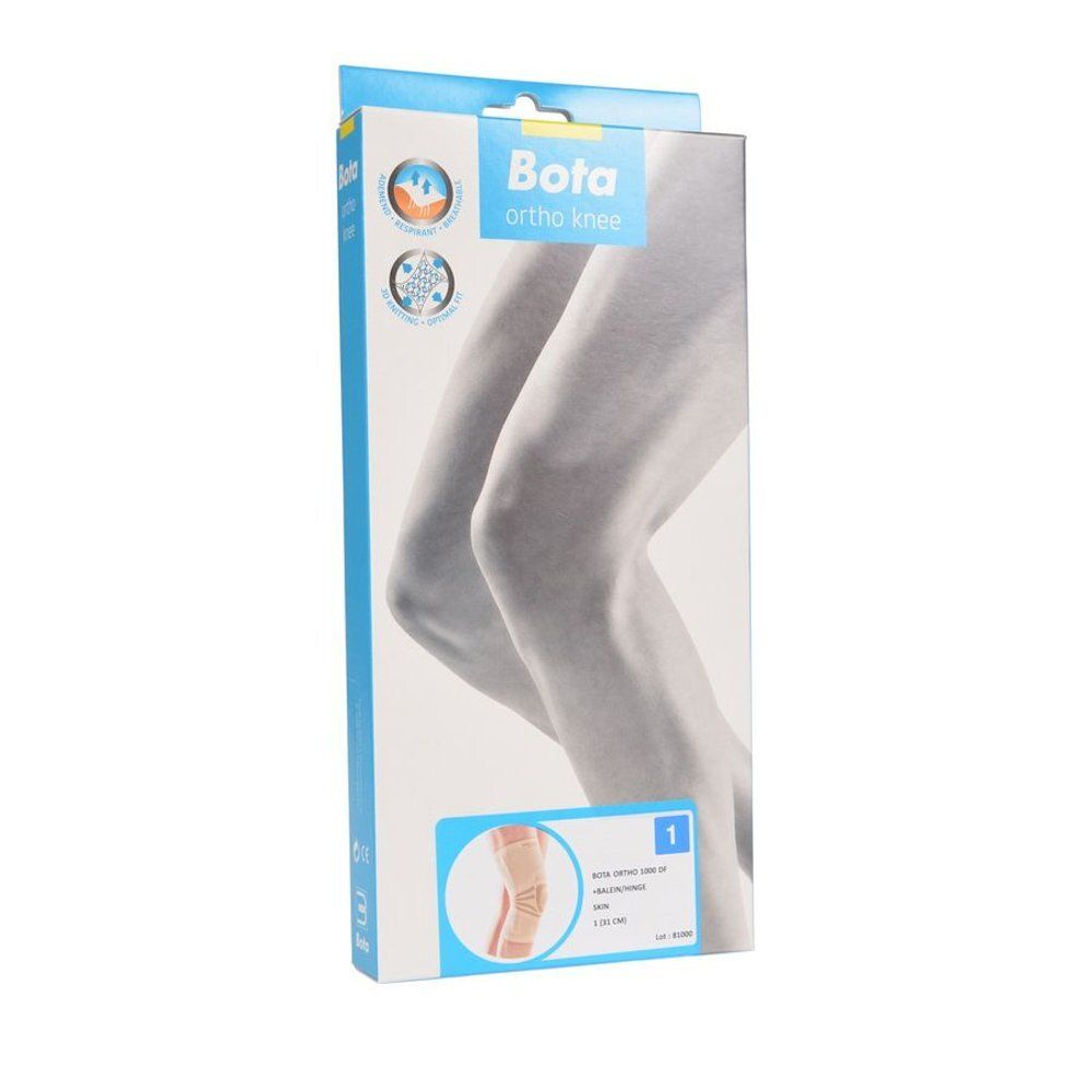 Emballage pour orthèse de genou. Bota Ortho Knee. Image du produit. Couleurs blanc et bleu.