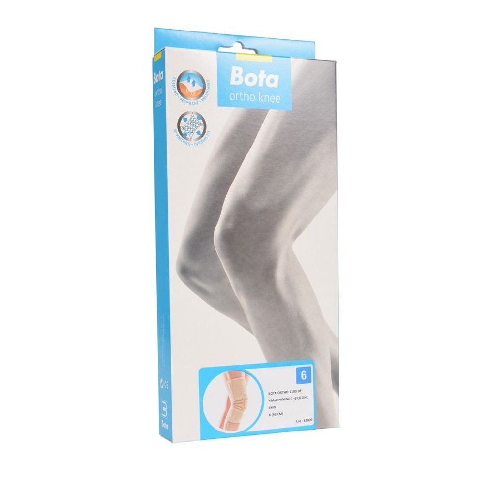 Emballage pour Bota Ortho Knee. Vue de face avec image de jambes et genouillère. Nom du produit et taille 6.