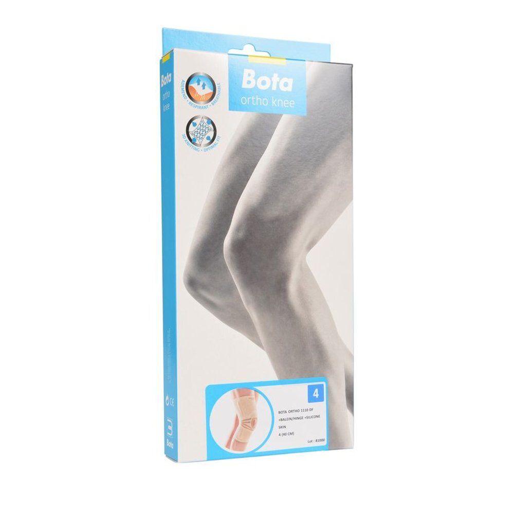 Boîte BOTA ortho knee, taille 4. Image d'un genou. Emballage bleu et blanc avec image du produit et logo.