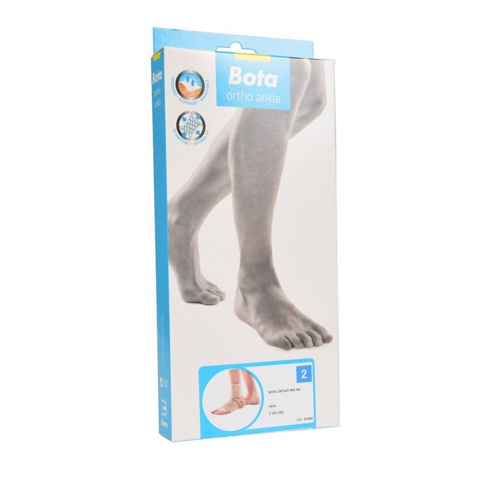 Emballage pour Bota ortho ankle. Montre une jambe et une illustration du produit. Avec nom du produit.