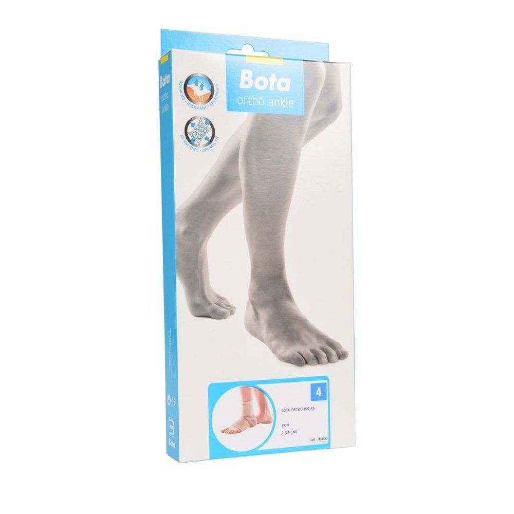 Boîte Bota ortho ankle. Jambe illustrée, attelle de cheville. Taille 4. Emballage bleu et blanc avec image du produit.