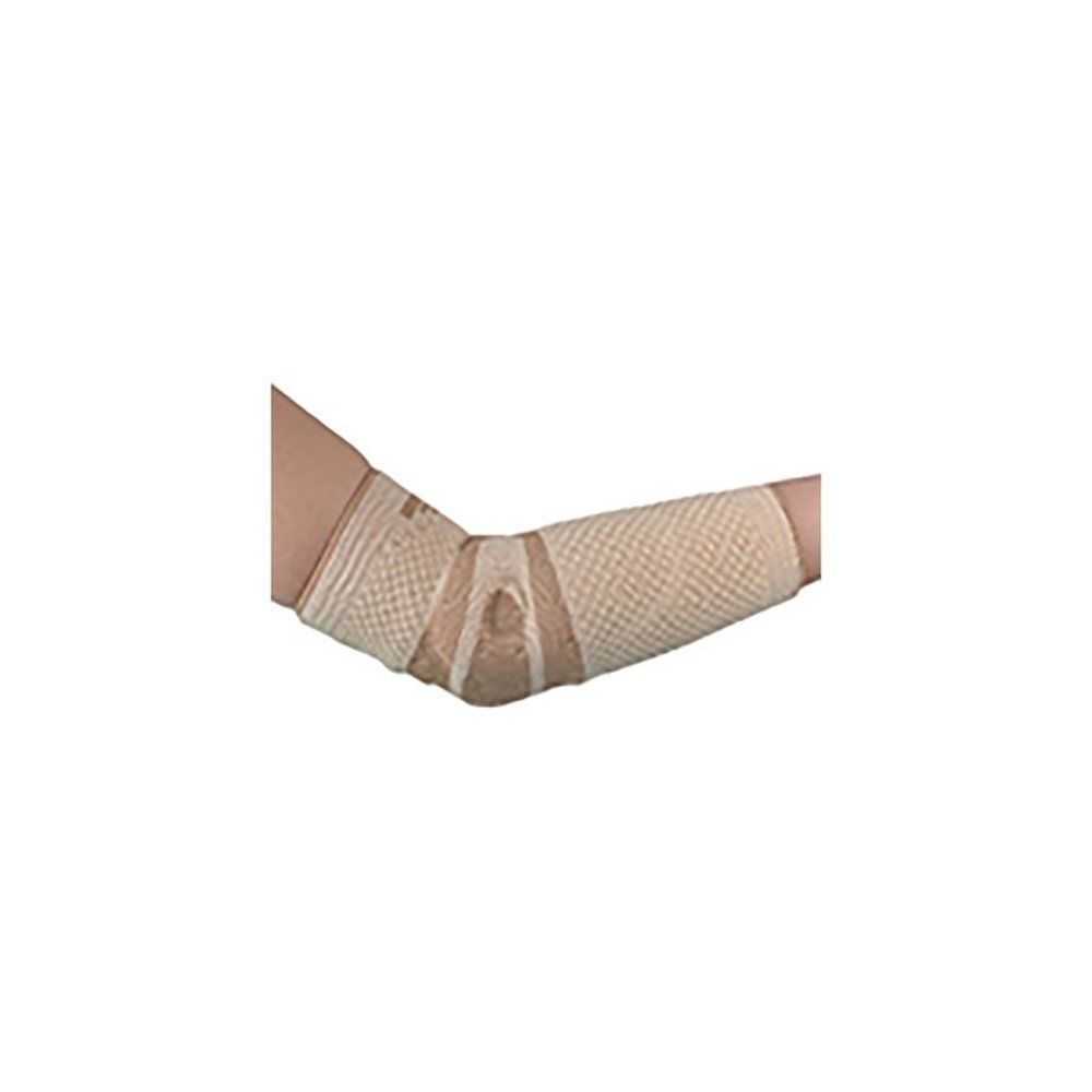 Attelle de coude beige. Portée sur le bras. Structure en maille. Fermetures velcro. Produit en cours d'utilisation.