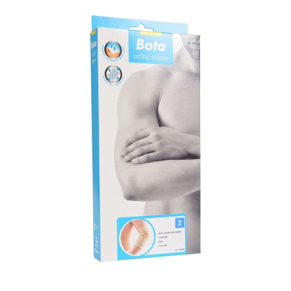 Emballage Bota Ortho Elbow. Modèle de torse humain. Couleurs bleu et blanc. Illustration du produit en bas.