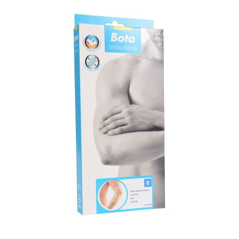 Vue de face de l'emballage Bota Ortho Elbow. Inscription : Bota, Ortho Elbow, illustration d'un bras avec bandage. Taille 6.