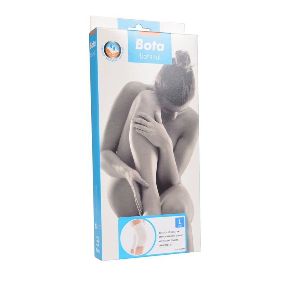 Emballage de genouillère Botasol blanche taille L. Femme assise. Logo et image du produit.