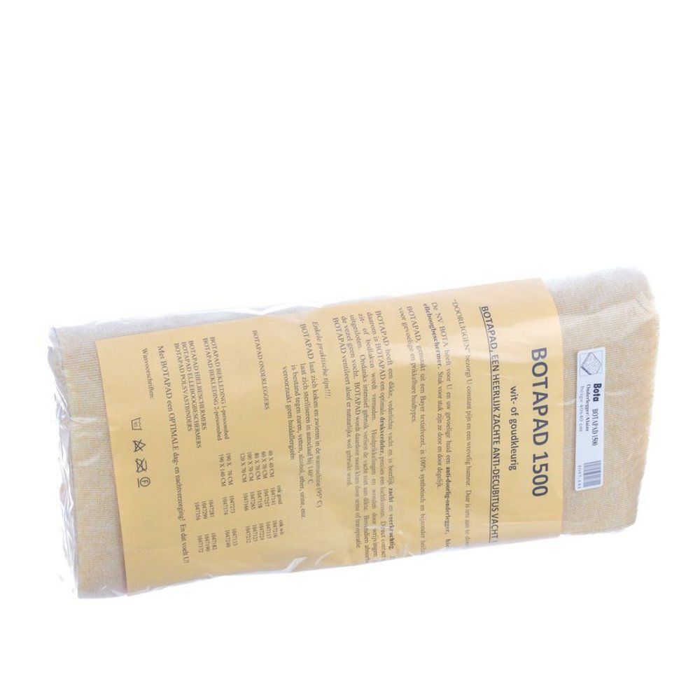 Produit emballé, beige. Inscription: BOTAPAD 1500. Texte sur l'emballage. Étiquette avec code-barres. Probablement un produit de bien-être.