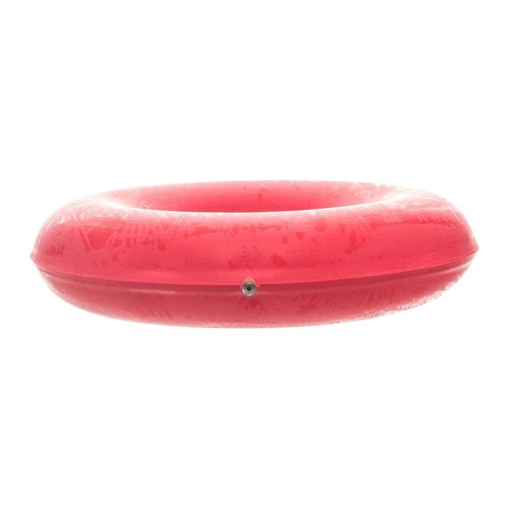 Coussin gonflable en caoutchouc rouge, en forme d'anneau. Vue latérale avec valve.