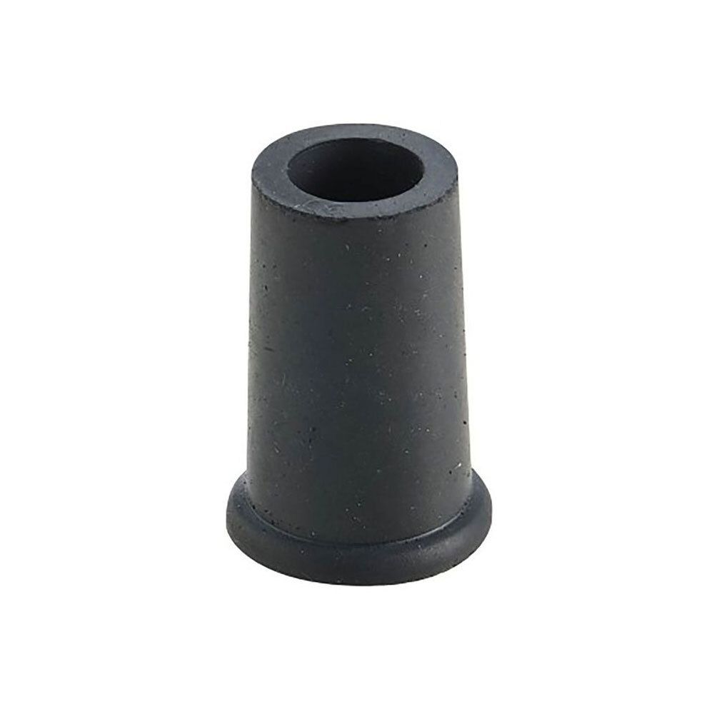 Embout de canne en caoutchouc noir. Forme conique avec base large et trou central.
