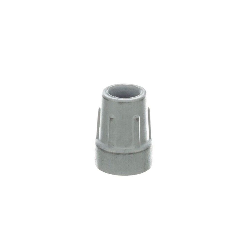 Embout de béquille en caoutchouc gris. Forme cylindrique avec surface rainurée. Partie supérieure ouverte.
