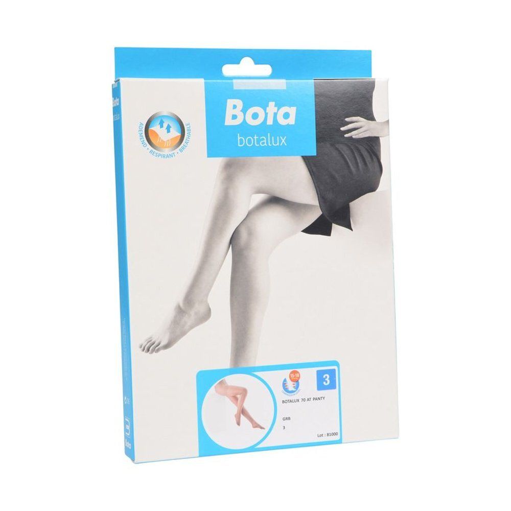 Emballage de Botalux 70 Tights Assistance GRB N3. Marque : Bota, botalux. Illustration d'une femme portant des collants.