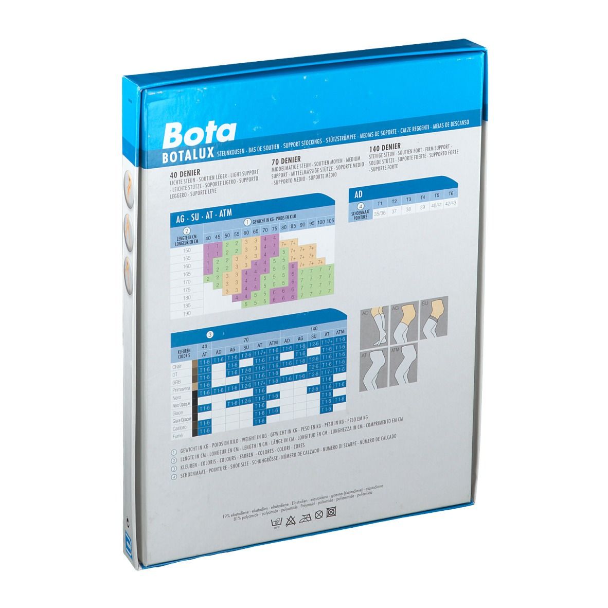 Emballage, dos. Logo Bota. Tableaux avec informations sur les bas de compression. Informations de taille.