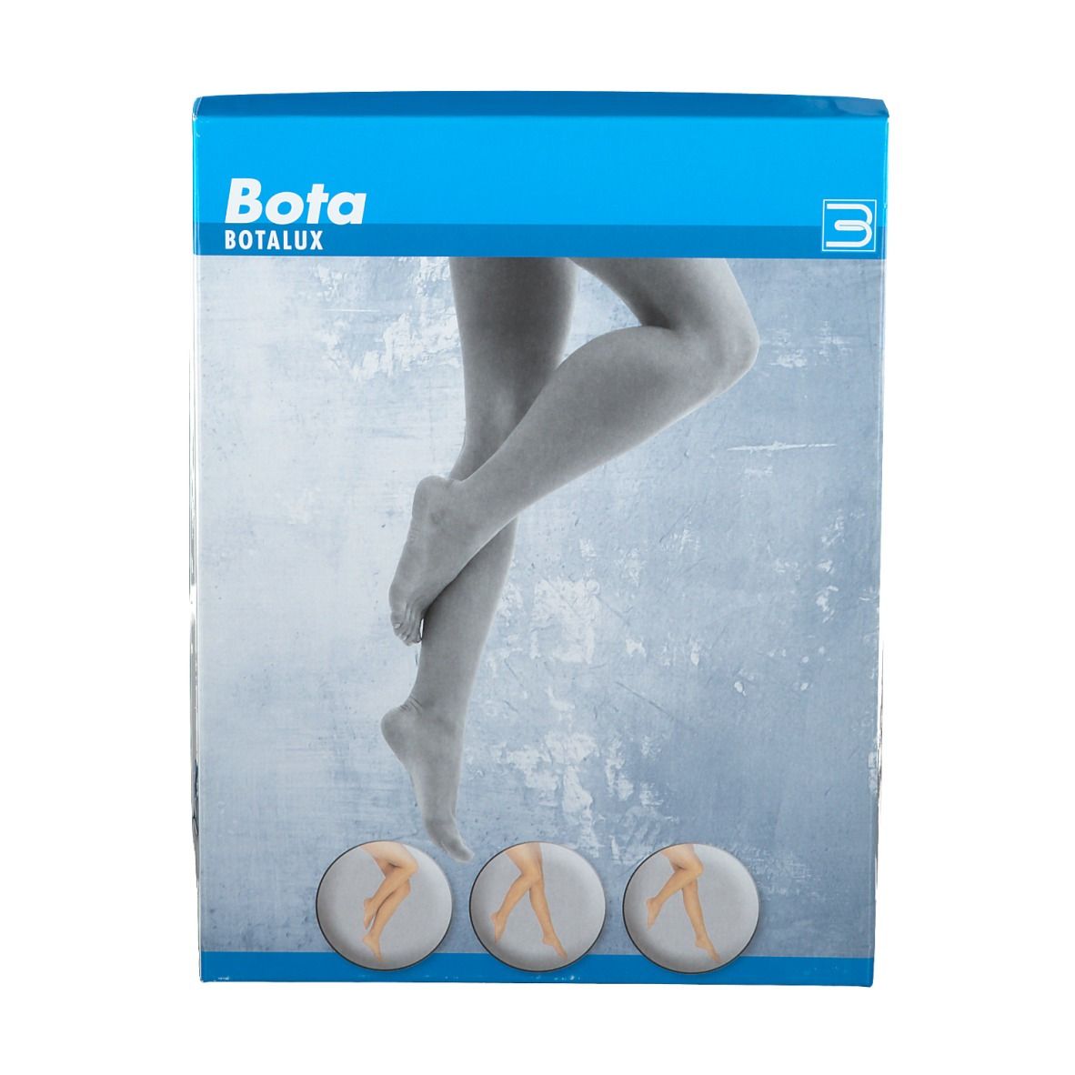Emballage avec logo Bota. Illustration de jambes avec bas de compression. Trois images de produits en bas.