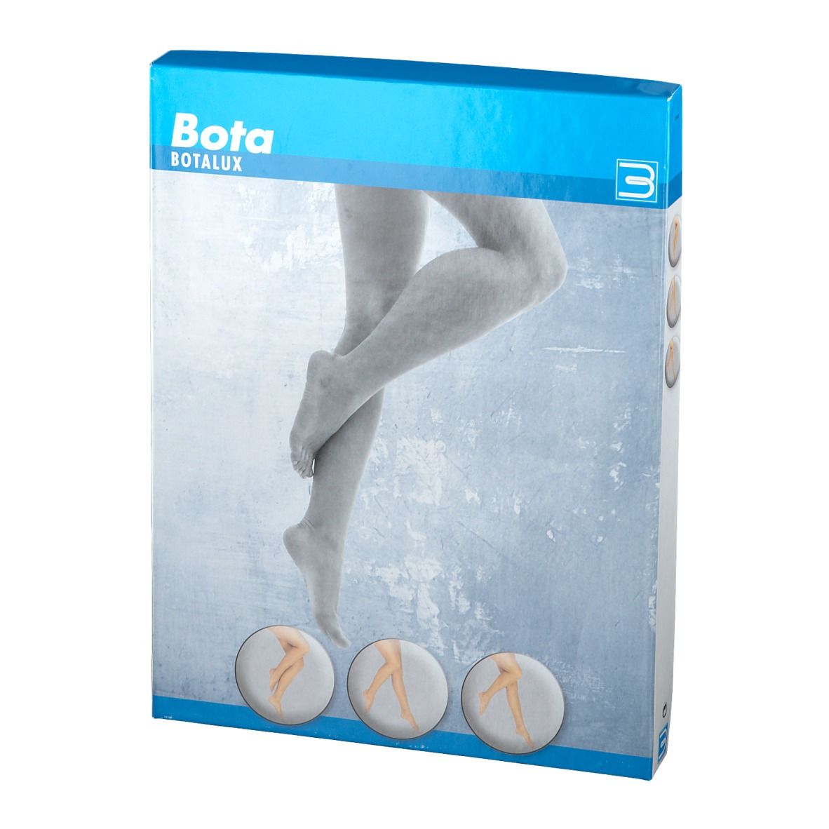 Emballage avec logo Bota. Illustration de jambes avec bas de compression. Trois images de produits en bas.