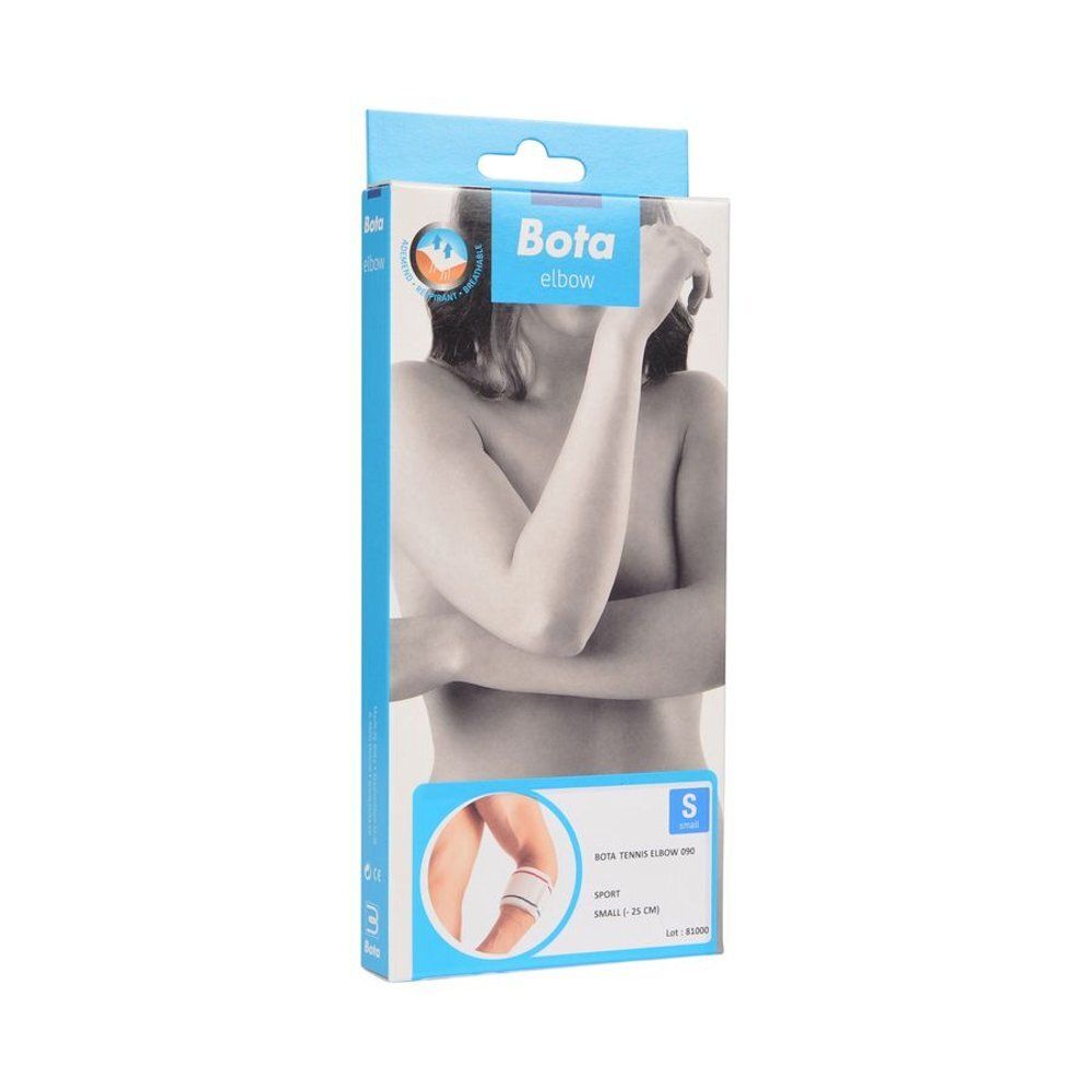 Bota Tennisarm 090 Small sur le bras. Blanc avec rayures bleues et rouges. Produit porté sur le coude.