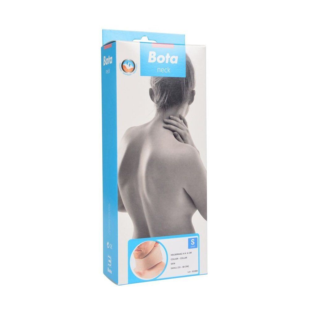 Emballage du produit Bota neck. Boîte bleue avec image d'une femme et illustration du produit.