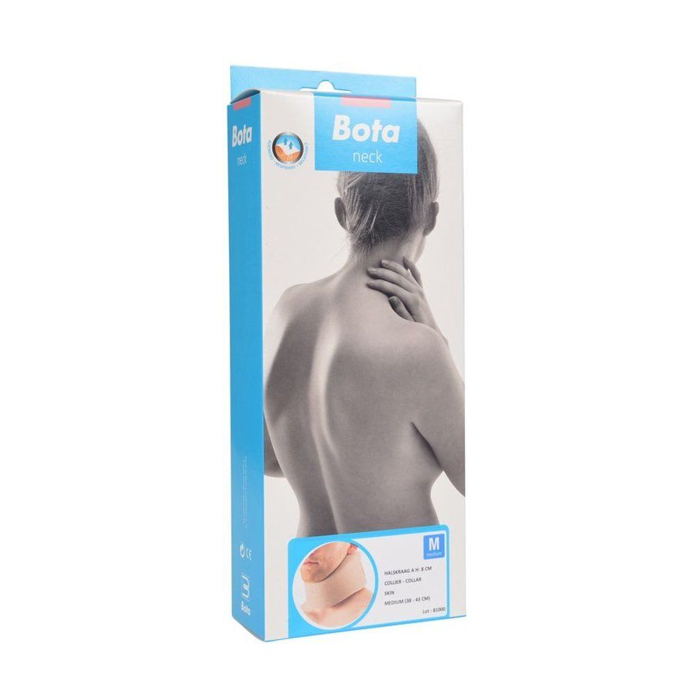 Emballage Bota neck. Montre une femme se tenant le cou. Taille M.