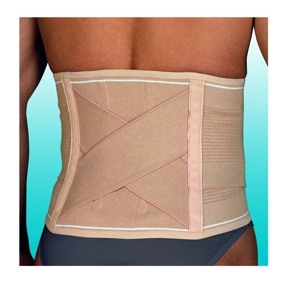 Ceinture lombaire beige avec sangles croisées. Matière élastique, bordure blanche. Sur fond blanc.