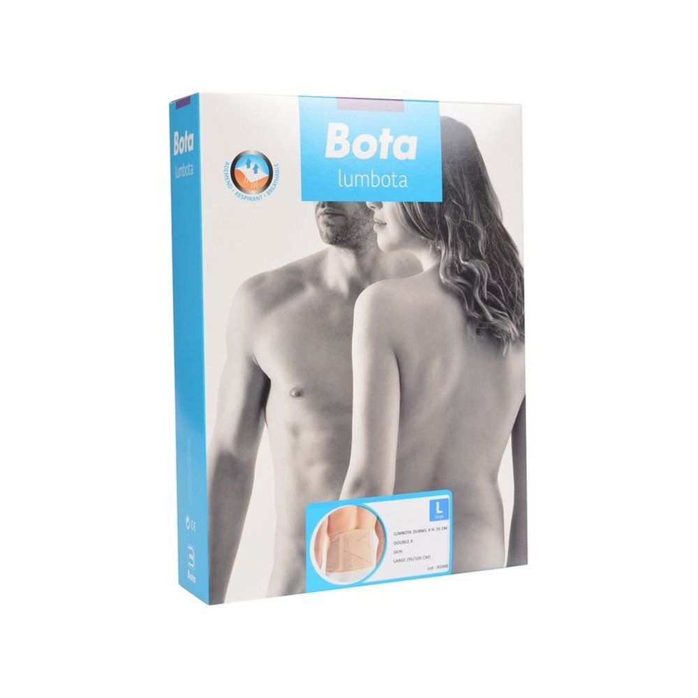 Ceinture lombaire beige, sangles croisées. Portée sur le dos d'une personne.