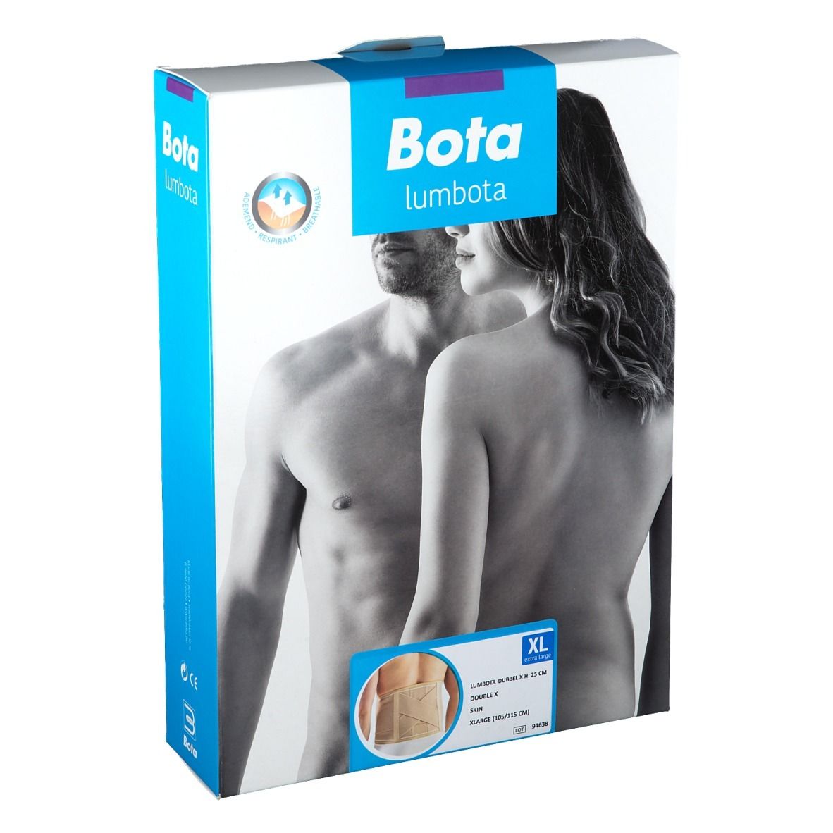 Boîte Bota Lumbota Dubx XL. Face avant avec image du produit, taille XL et logo. Illustration d'un couple.