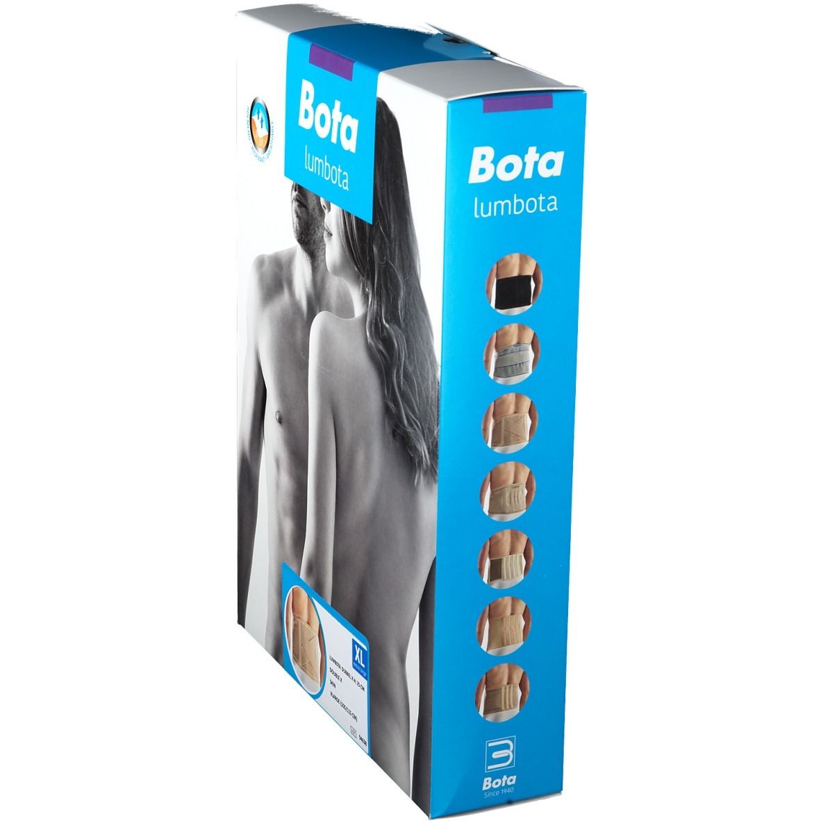 Boîte Bota Lumbota Dubx XL. Vue latérale avec image du produit et indications de taille. Logo et nom du produit.